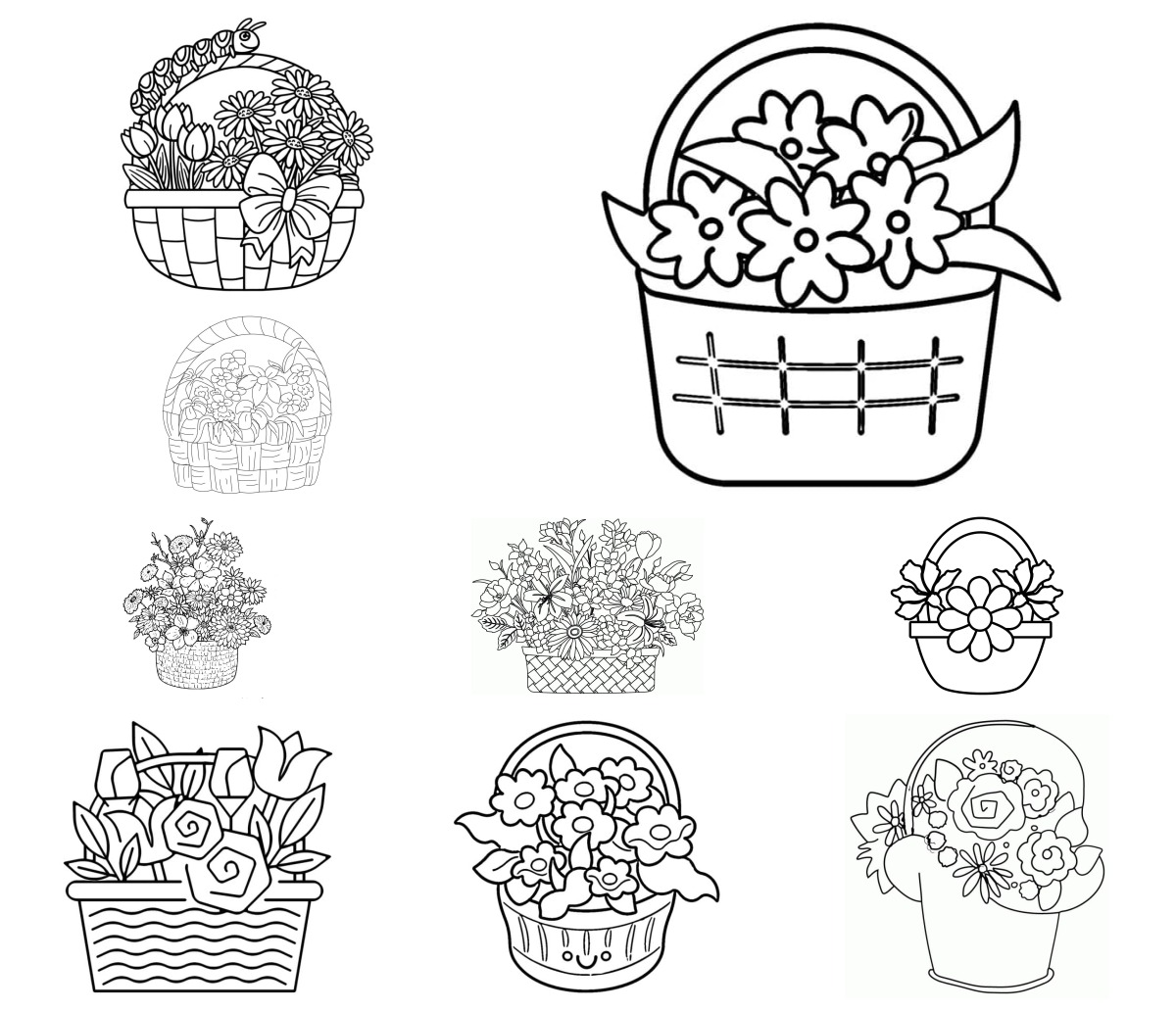 25 desenhos de Cesta de Flores — Para colorir e imprimir