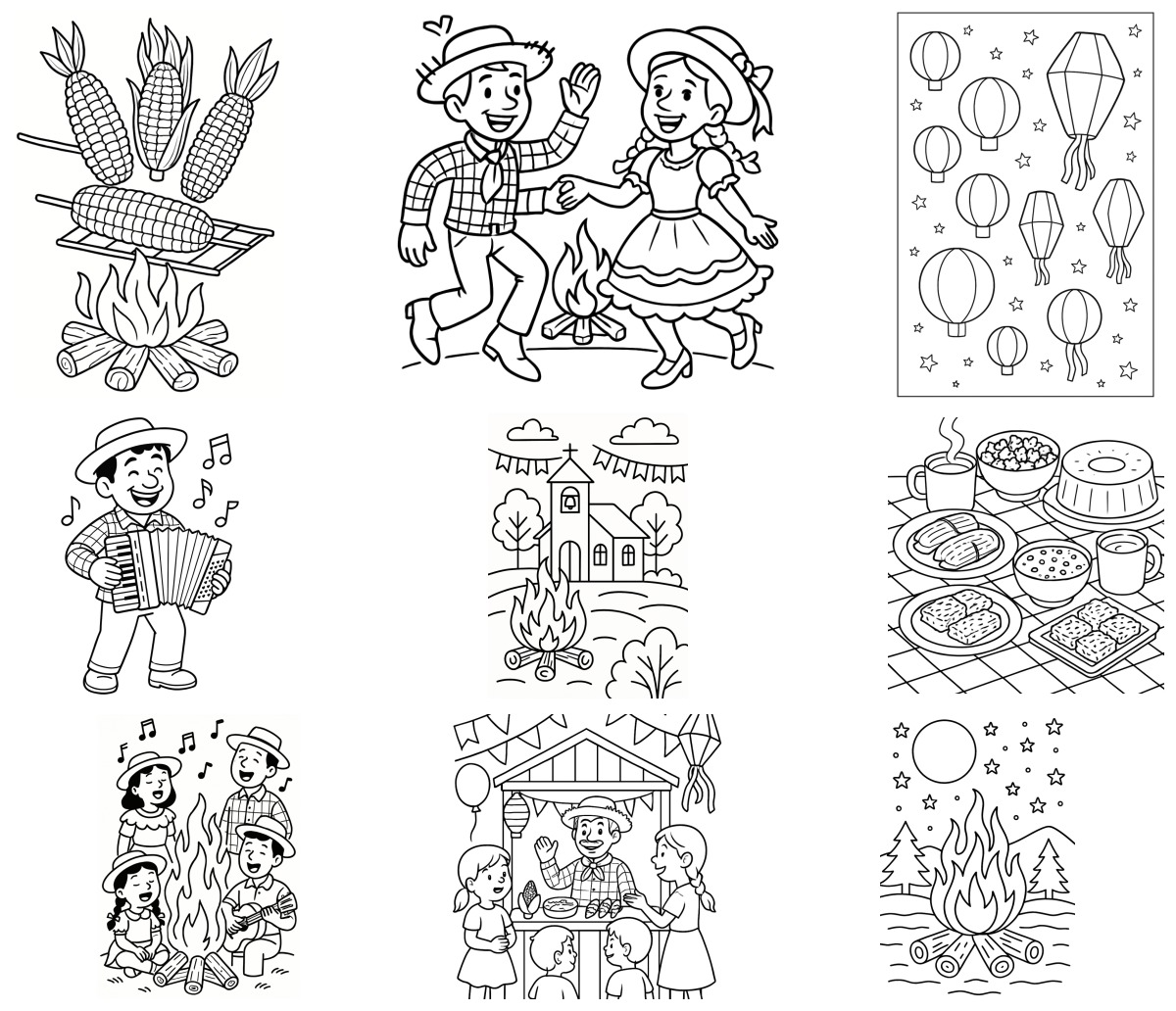 16 desenhos de Festa Junina — Para colorir e imprimir