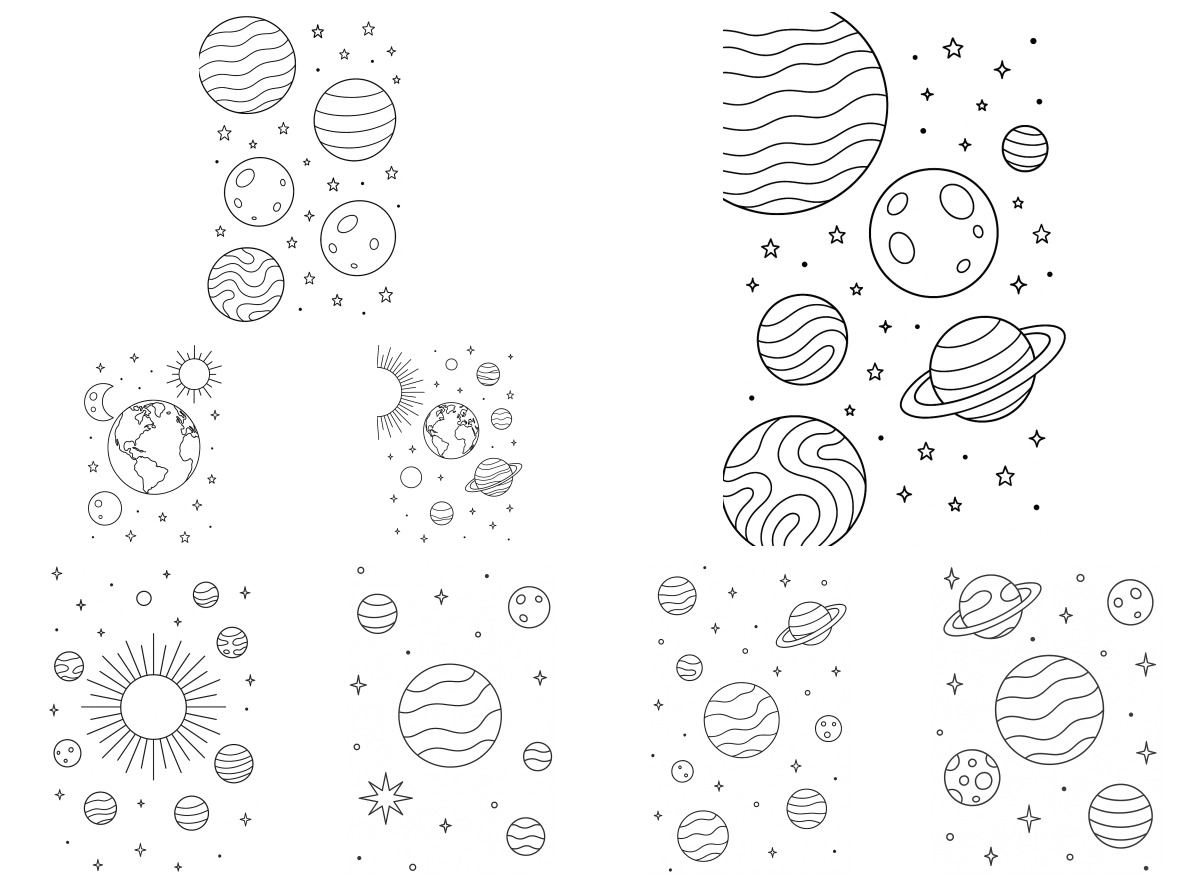 8 desenhos de Planetas — Para colorir e imprimir
