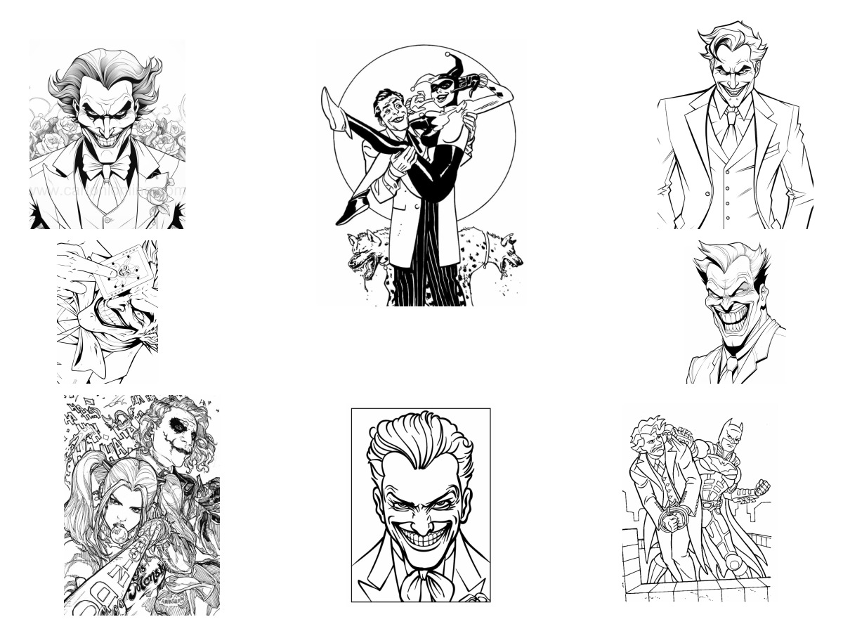 8 desenhos de Coringa — Para colorir e imprimir 8 desenhos de Coringa — Para colorir e imprimir