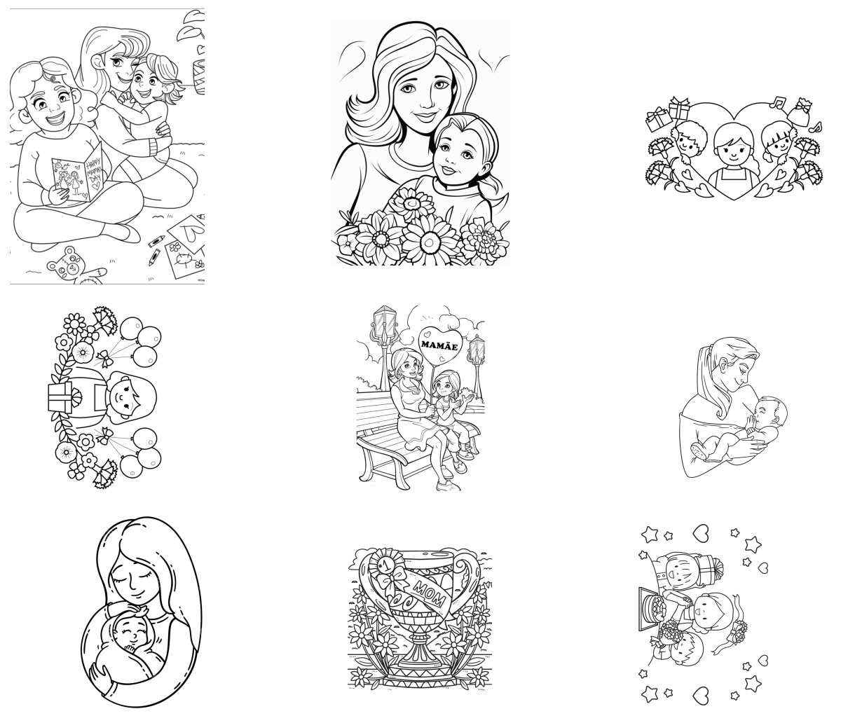 12 desenhos de Dia das Mães — Para colorir e imprimir 12 desenhos de Dia das Mães — Para colorir e imprimir