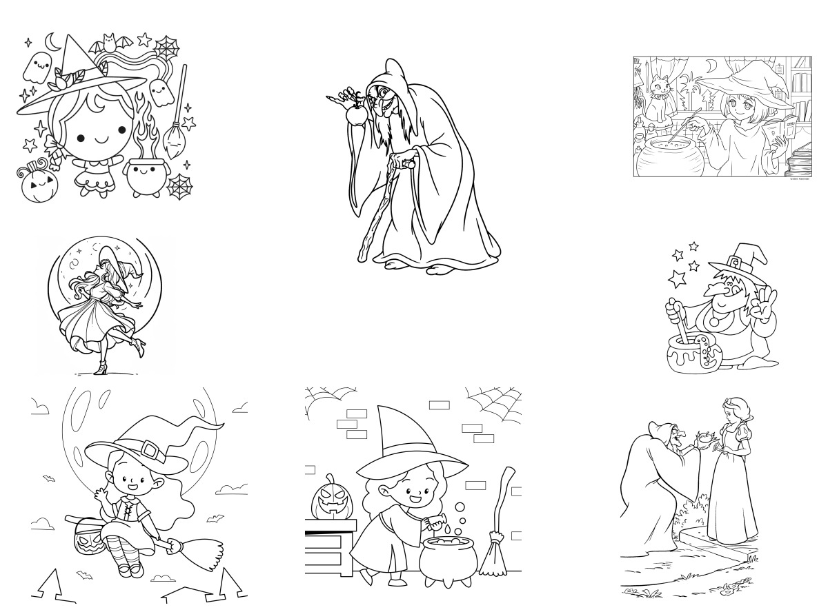 8 desenhos de Bruxa — Para colorir e imprimir