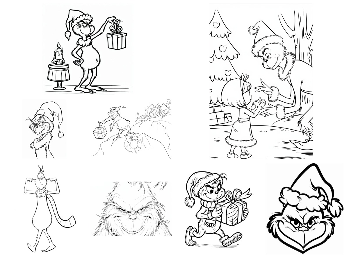 8 desenhos de Grinch — Para colorir e imprimir