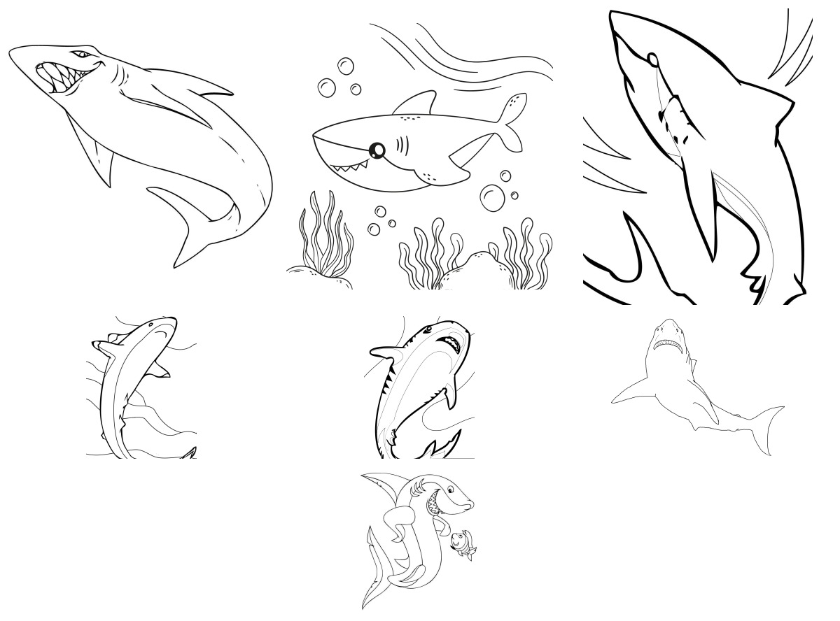 23 desenhos de Tubarões — Para colorir e imprimir