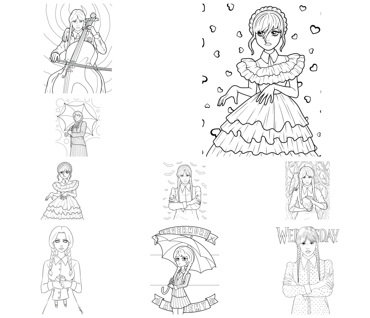 24 desenhos de Wandinha — Para colorir e imprimir 24 desenhos de Wandinha — Para colorir e imprimir