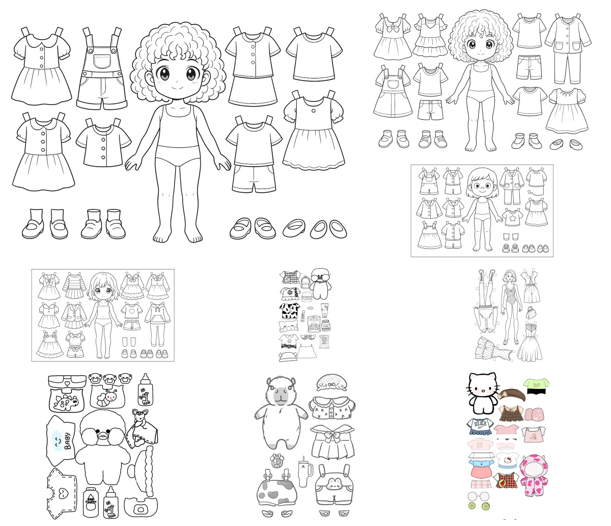 16 desenhos de Paper Doll — Para colorir e imprimir
