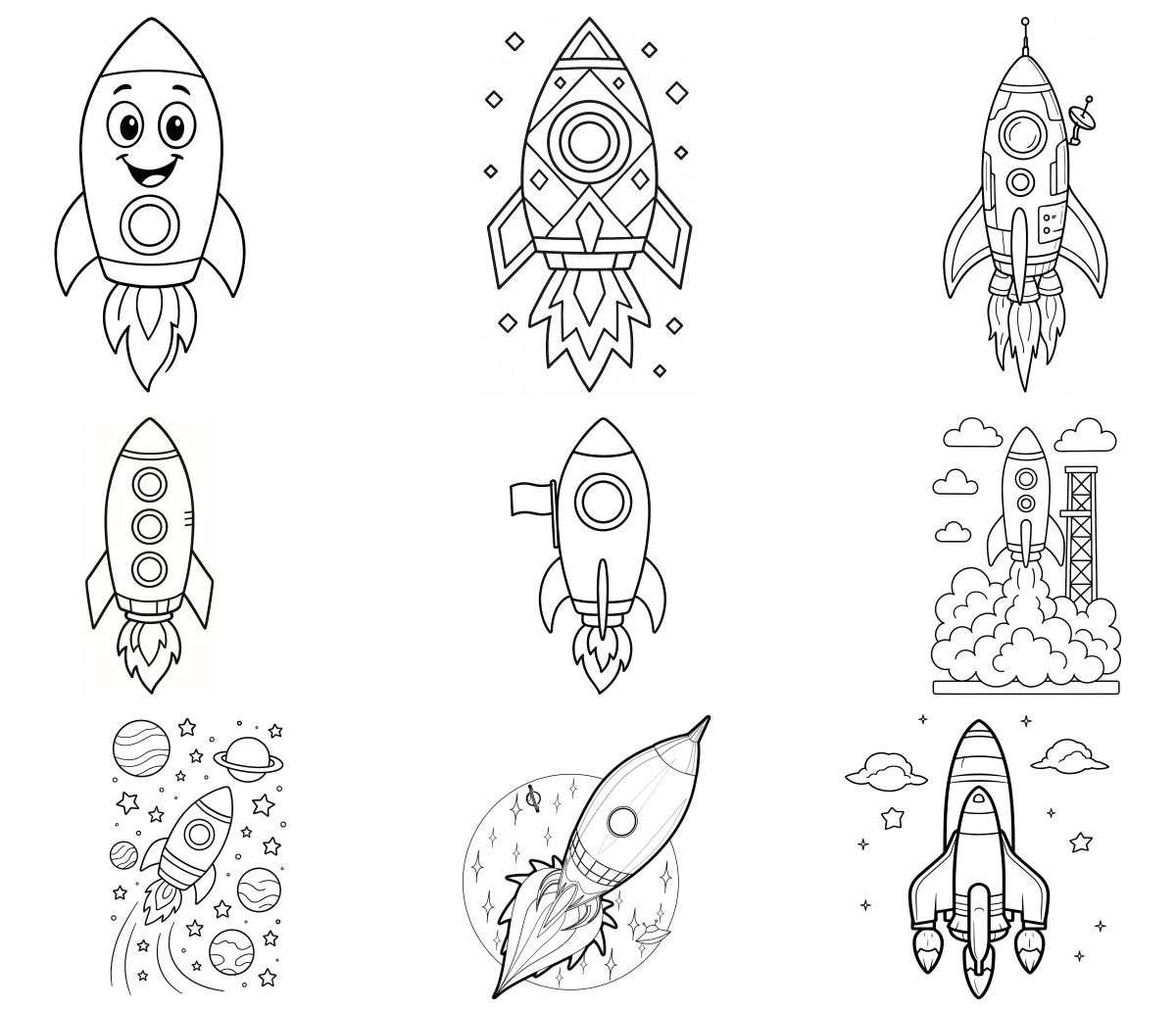 14 desenhos de Foguete — Para colorir e imprimir