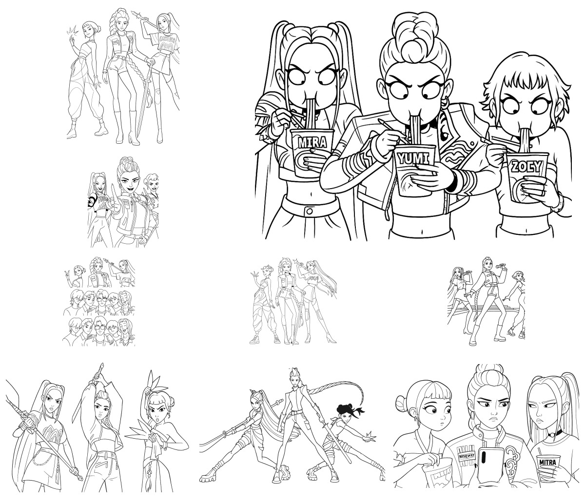 12 desenhos de Guerreiras do K-Pop — Para colorir e imprimir 12 desenhos de Guerreiras do K-Pop — Para colorir e imprimir