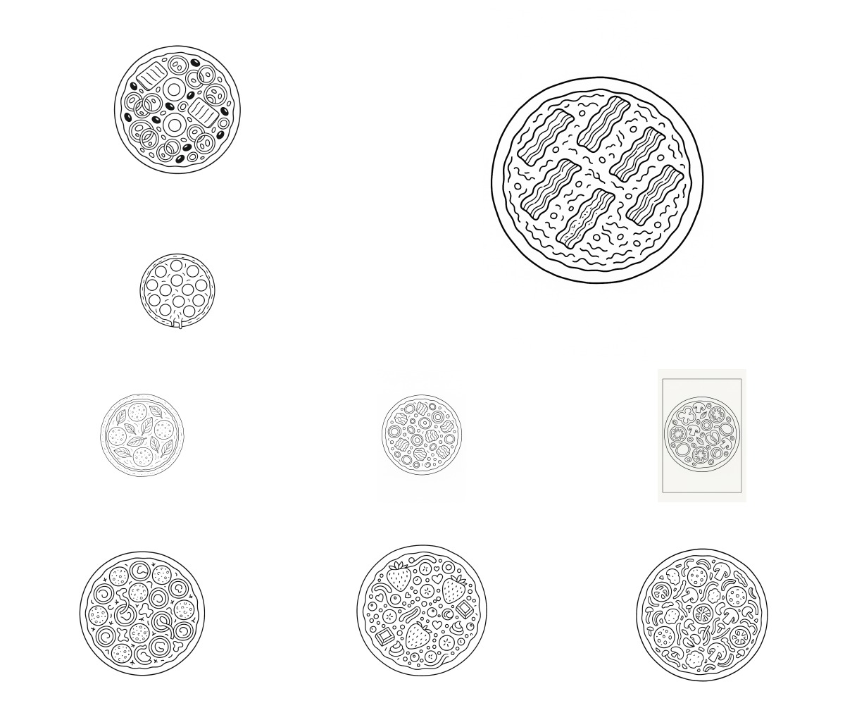 20 desenhos de Pizza — Para colorir e imprimir
