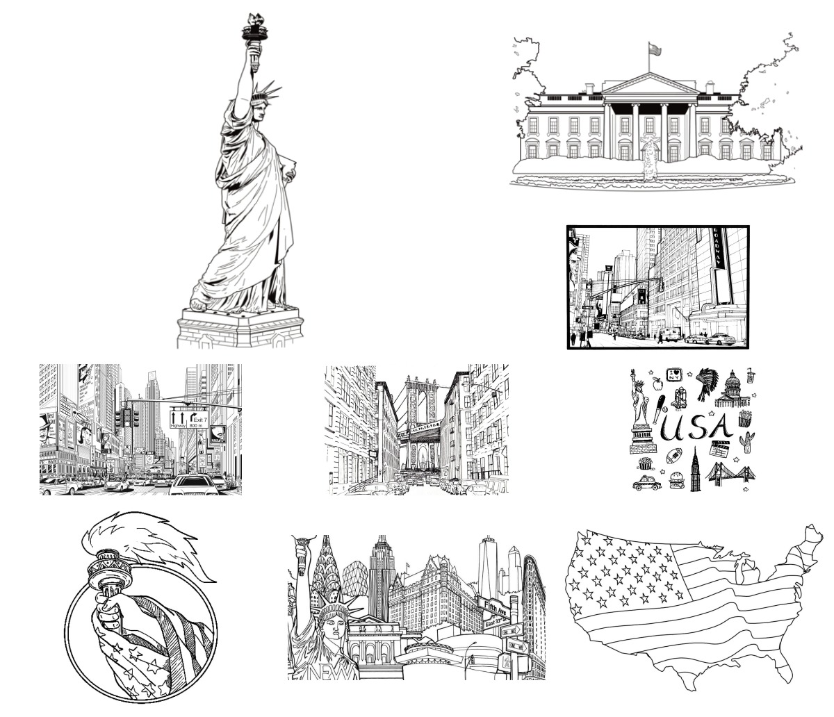 40 desenhos de Estados Unidos (EUA/USA) — Para colorir e imprimir 40 desenhos de Estados Unidos (EUA/USA) — Para colorir e imprimir