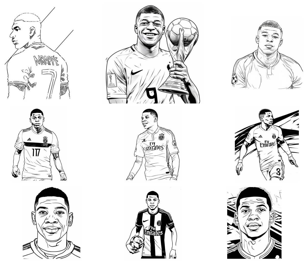 40 desenhos de Kylian Mbappé — Para colorir e imprimir 40 desenhos de Kylian Mbappé — Para colorir e imprimir