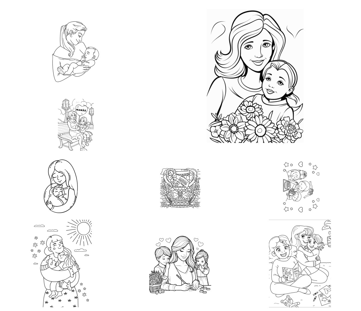 11 desenhos de Mães — Para colorir e imprimir